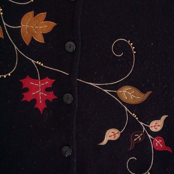 Vintage Crystal Kobe Black Embroidered Harvest Leaves Button Cardigan Sweater L - Picture 7 of 11